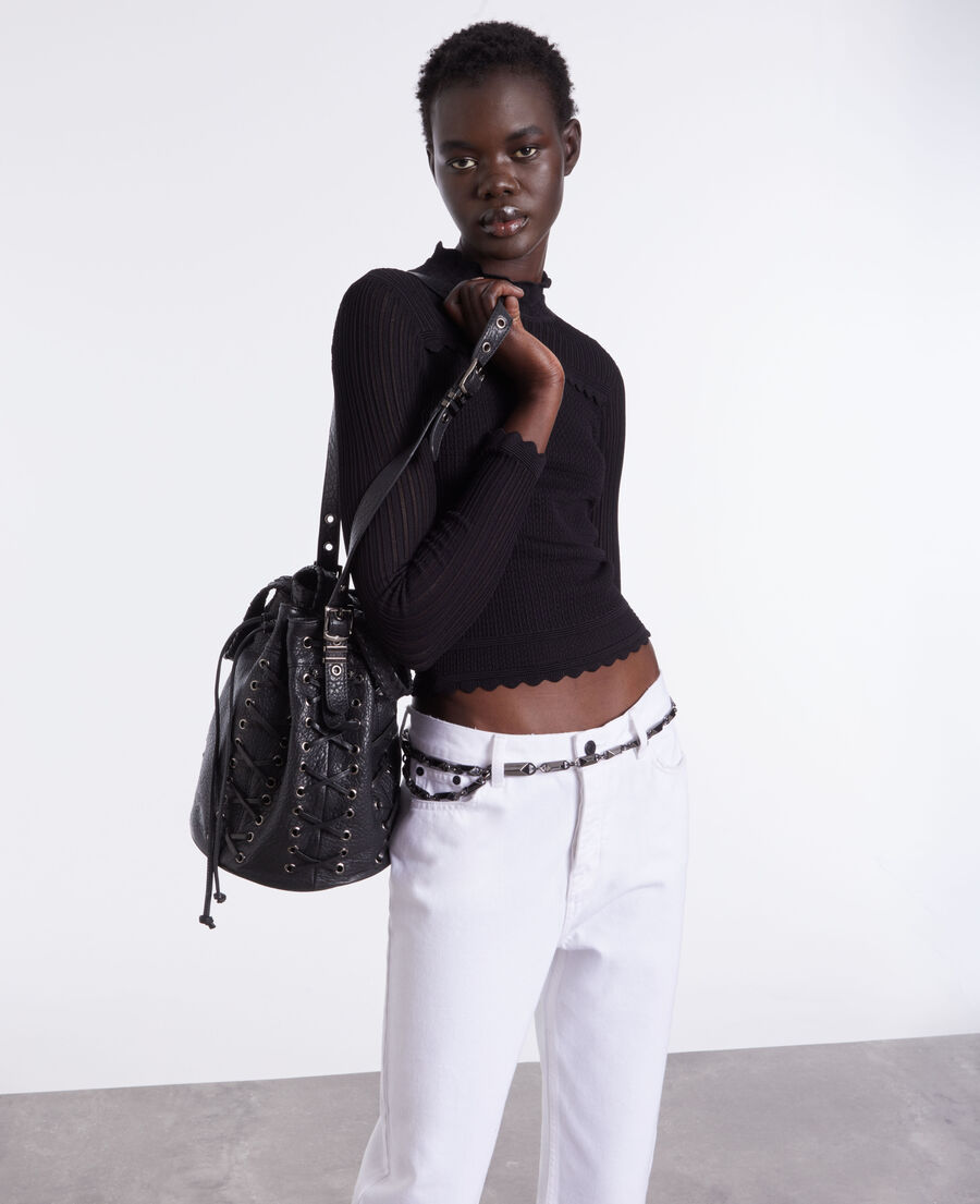 cropped black openwork mesh sweater