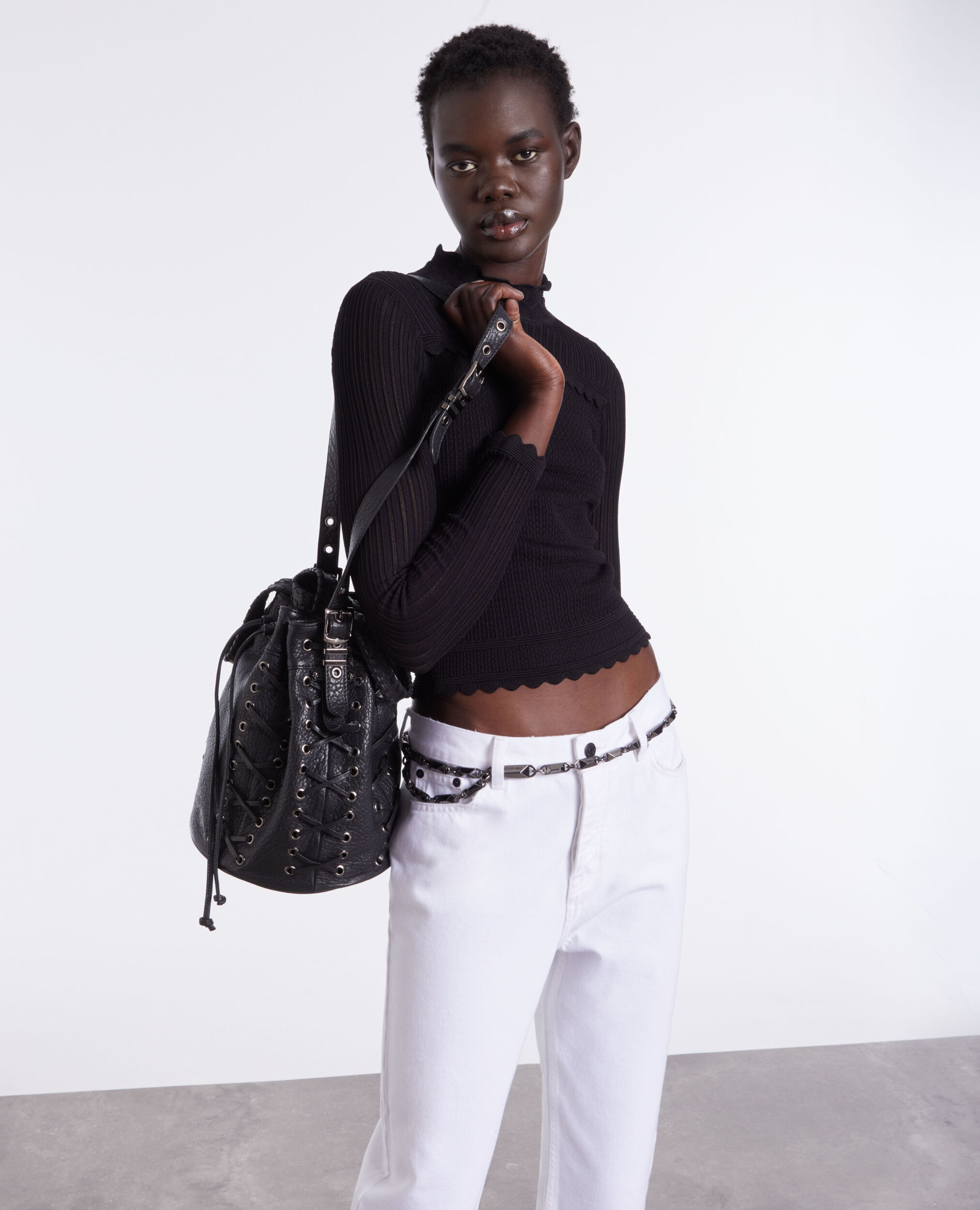 Cropped black openwork mesh sweater, BLACK, hi-res image number null