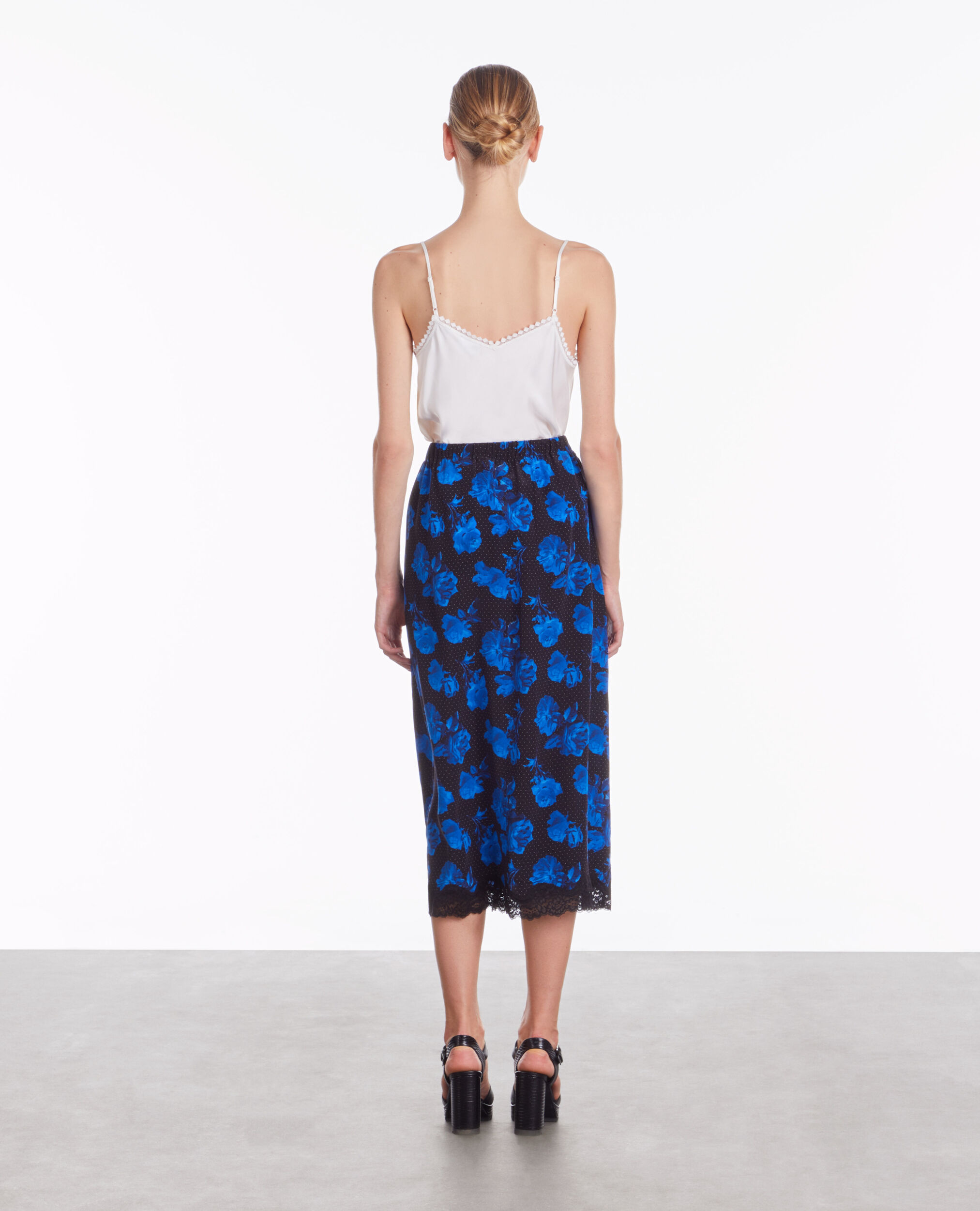 Long printed silk skirt with lace details, BLACK BLUE, hi-res image number null