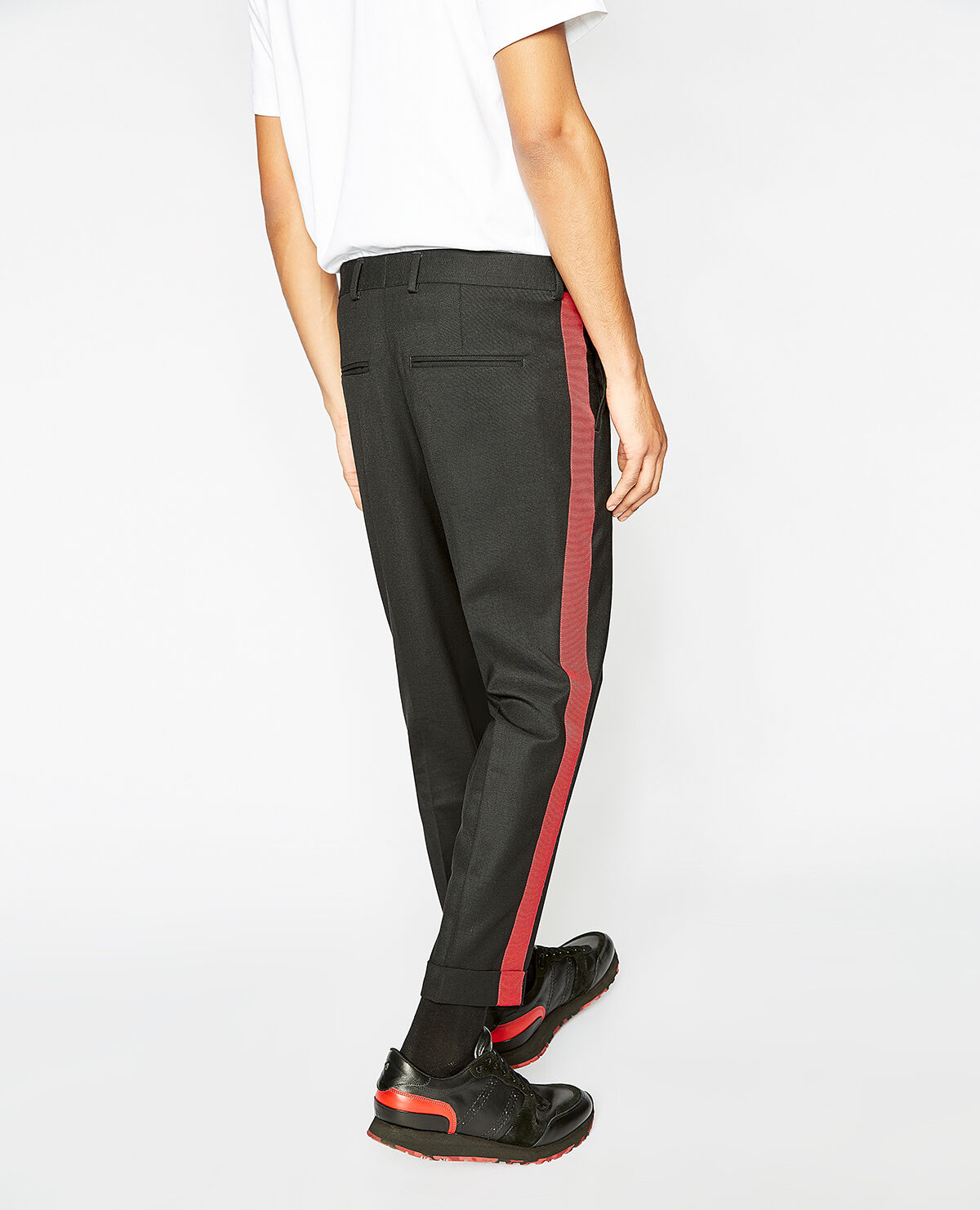 Mens black pants with red stripe on sale