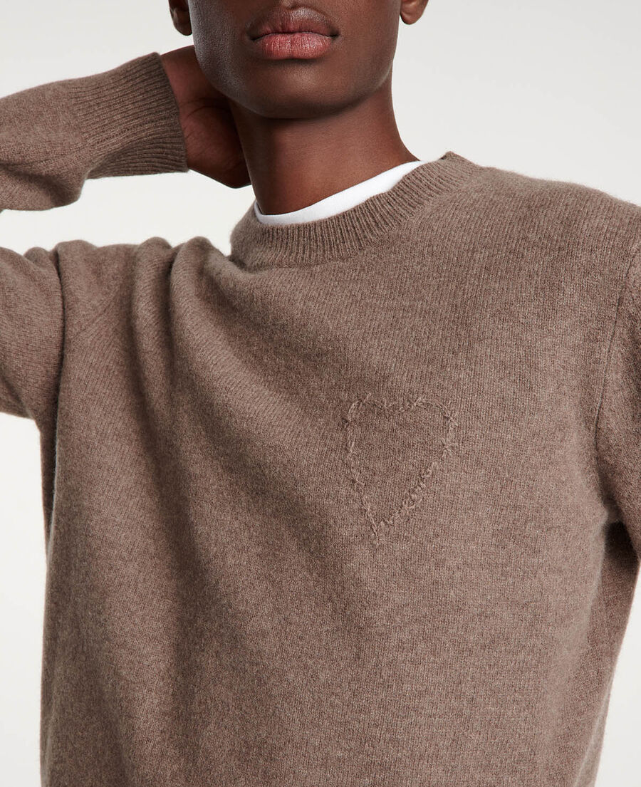 beige wool sweater with heart embroidery