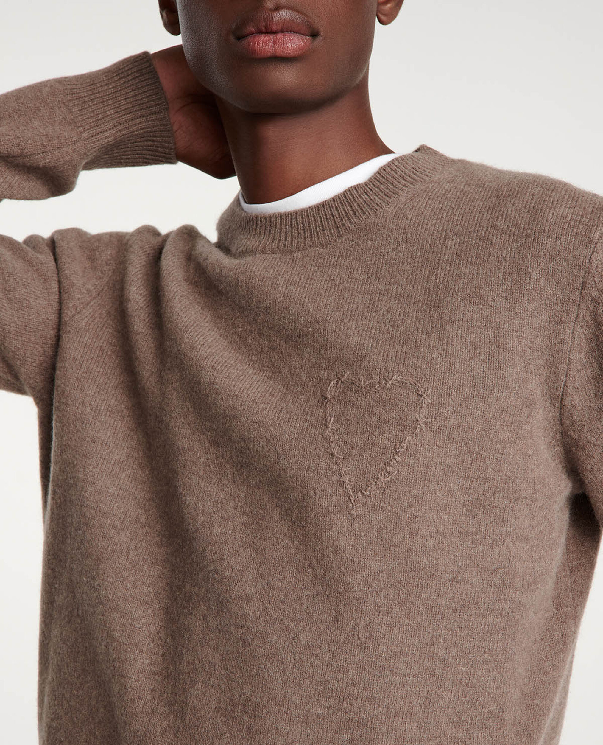 Beige wool sweater with heart embroidery, DARK BEIGE, hi-res image number null