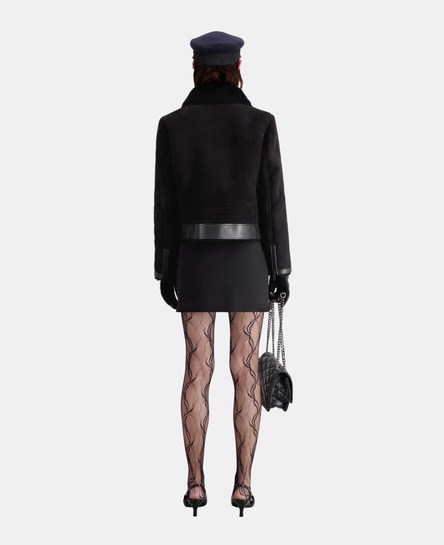 Blouson aviateur noir en peau lain?�e | The Kooples - France