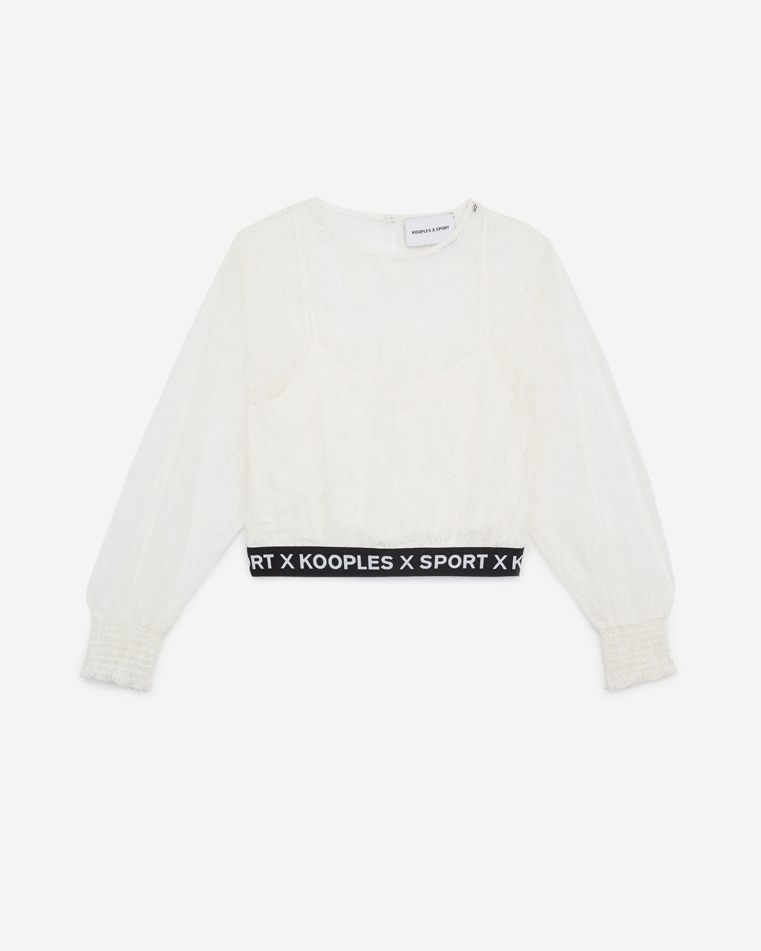 Ecru lace top with long sleeves and logo, ECRU, hi-res image number null