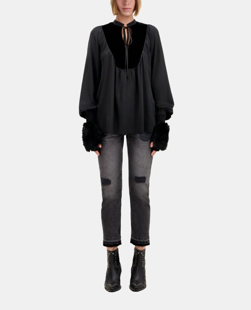 The Kooples DAMEN BLACK schwarzes top aus seide mit samteinsatz