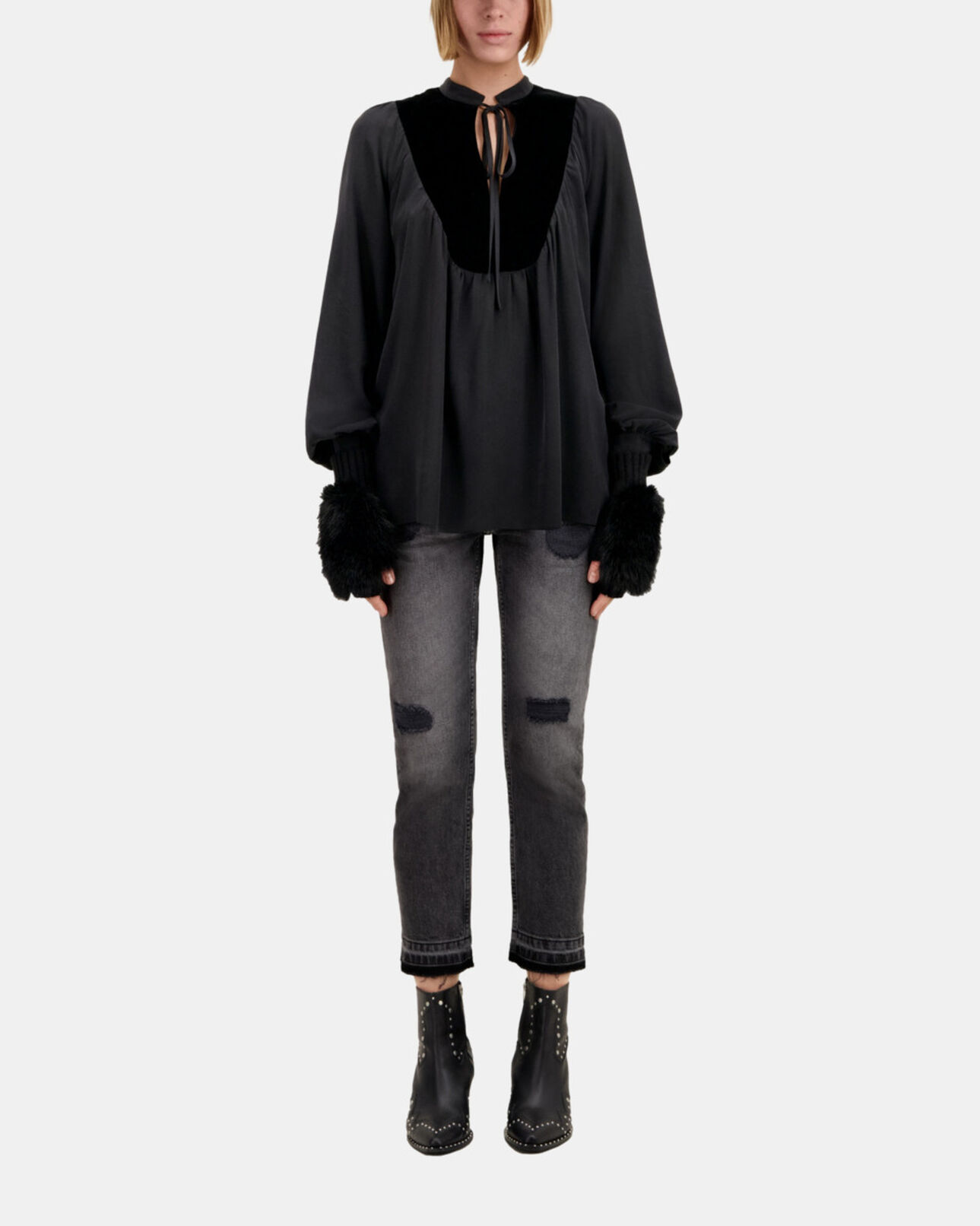 The Kooples WOMEN BLACK black silk top with velvet details