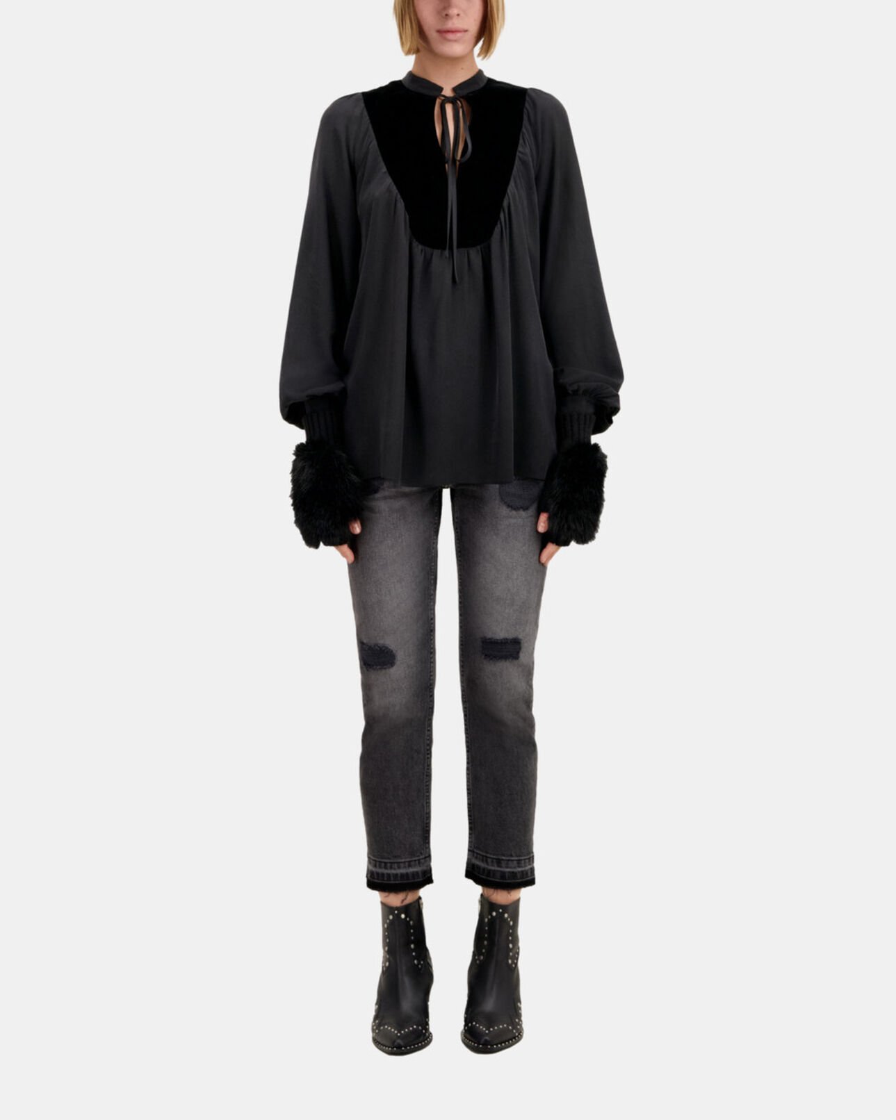 The Kooples FEMME BLACK top noir en soie avec empiècement en velours