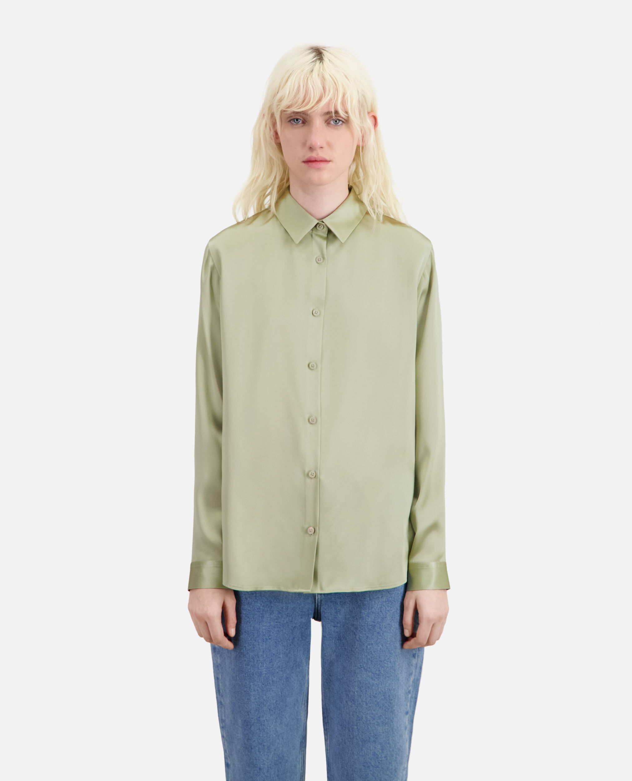 Light green satin silk shirt, KAKI GREY, hi-res image number null