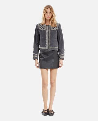 The Kooples WOMEN BLACK WASHED grey denim jacket with studs and pearls