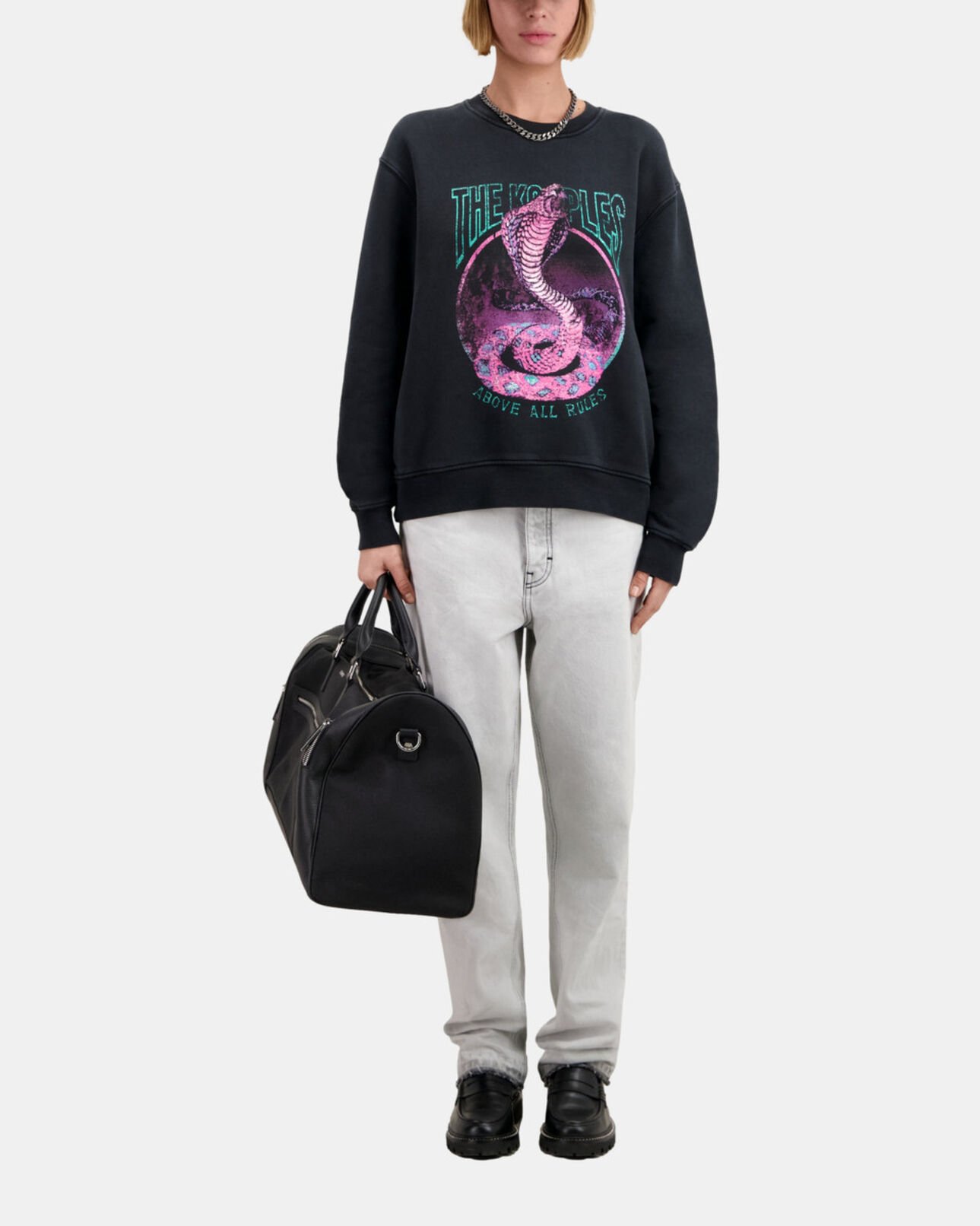 The Kooples WOMEN BLACK WASHED women's black sweatshirt with cobra serigraphy