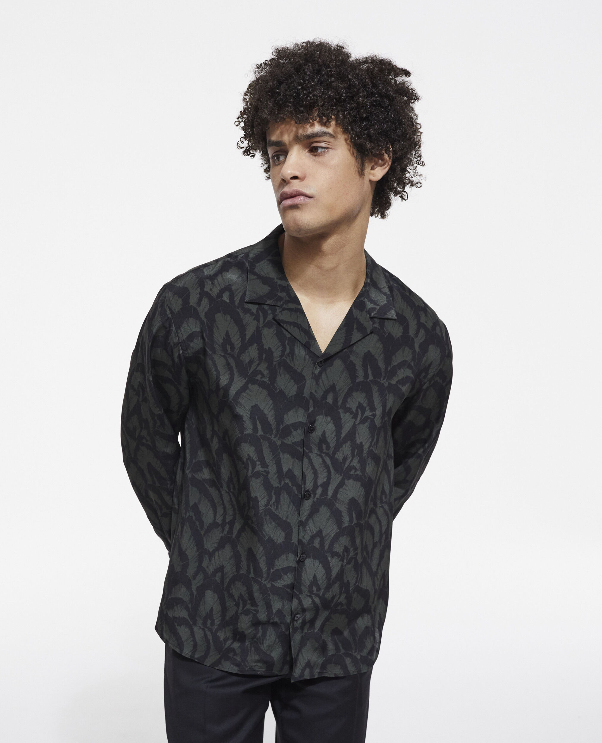 Printed silk shirt with hawaiian collar, KAKI BLACK, hi-res image number null