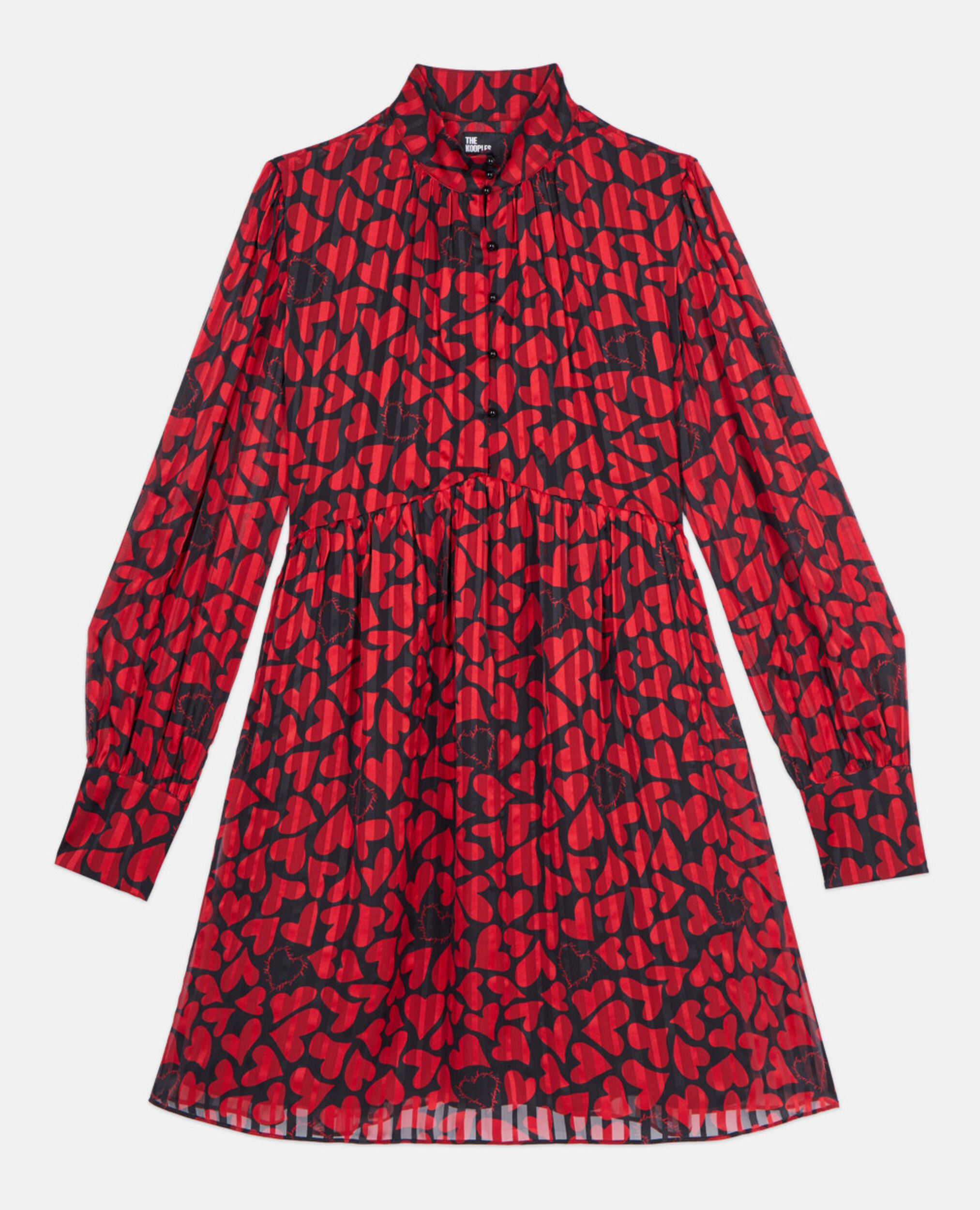 Short pleated heart print dress, BLACK - RED, hi-res image number null