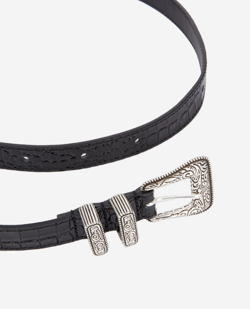 The Kooples WOMEN BLACK black crocodile effect leather belt with western buckle