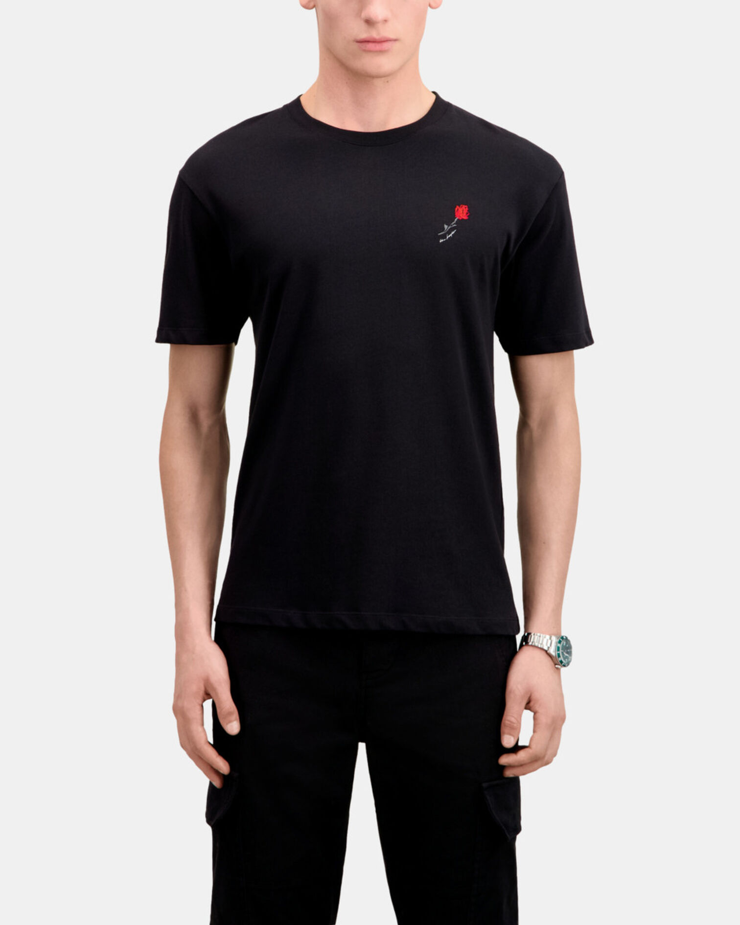 T-shirt Homme noir avec broderie fleur, BLACK, hi-res image number null