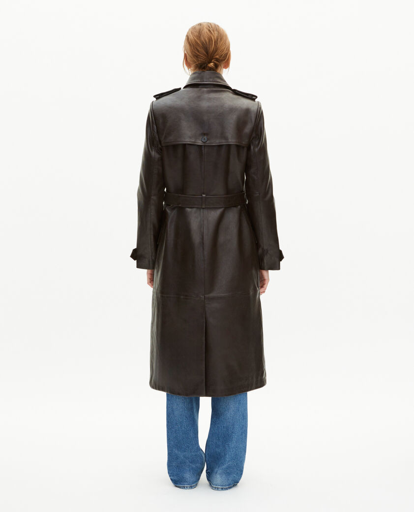 The Kooples DAMEN DARK BROWN MELANGE langer trenchcoat aus braunem leder