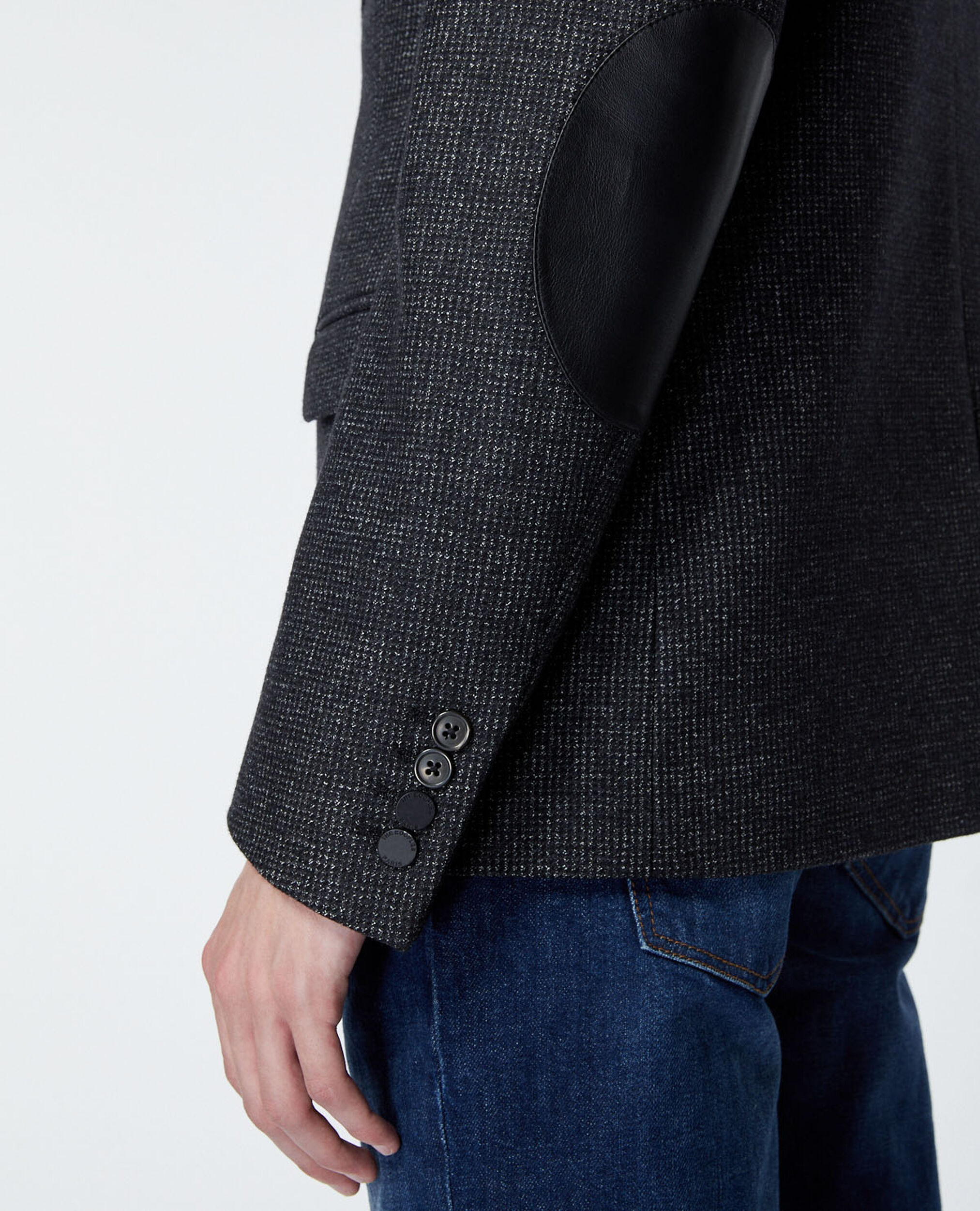 Formal black jacket in wool w/elbow patches, BLACK GREY, hi-res image number null