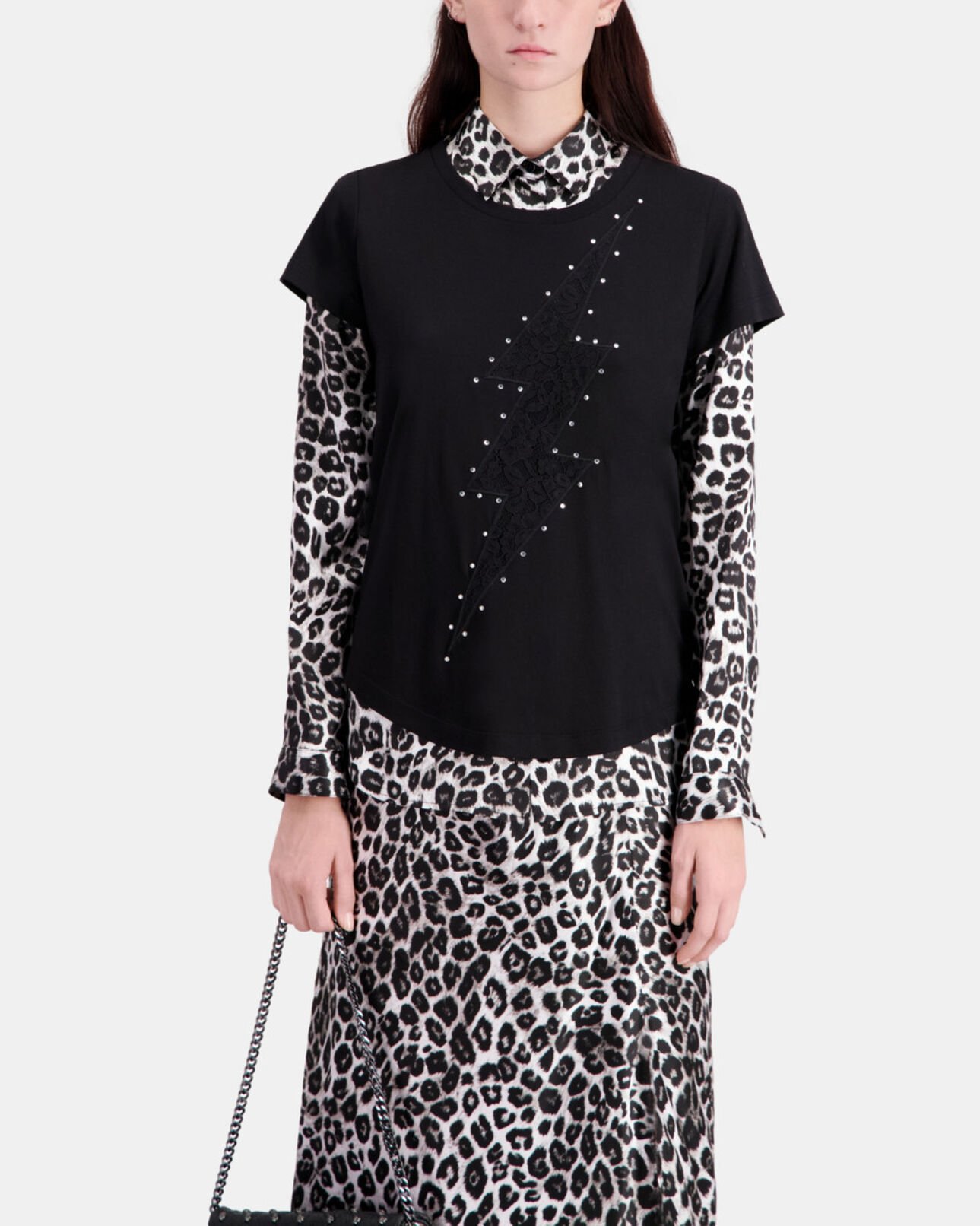 The Kooples FEMME BLACK t-shirt femme noir avec éclair en dentelle