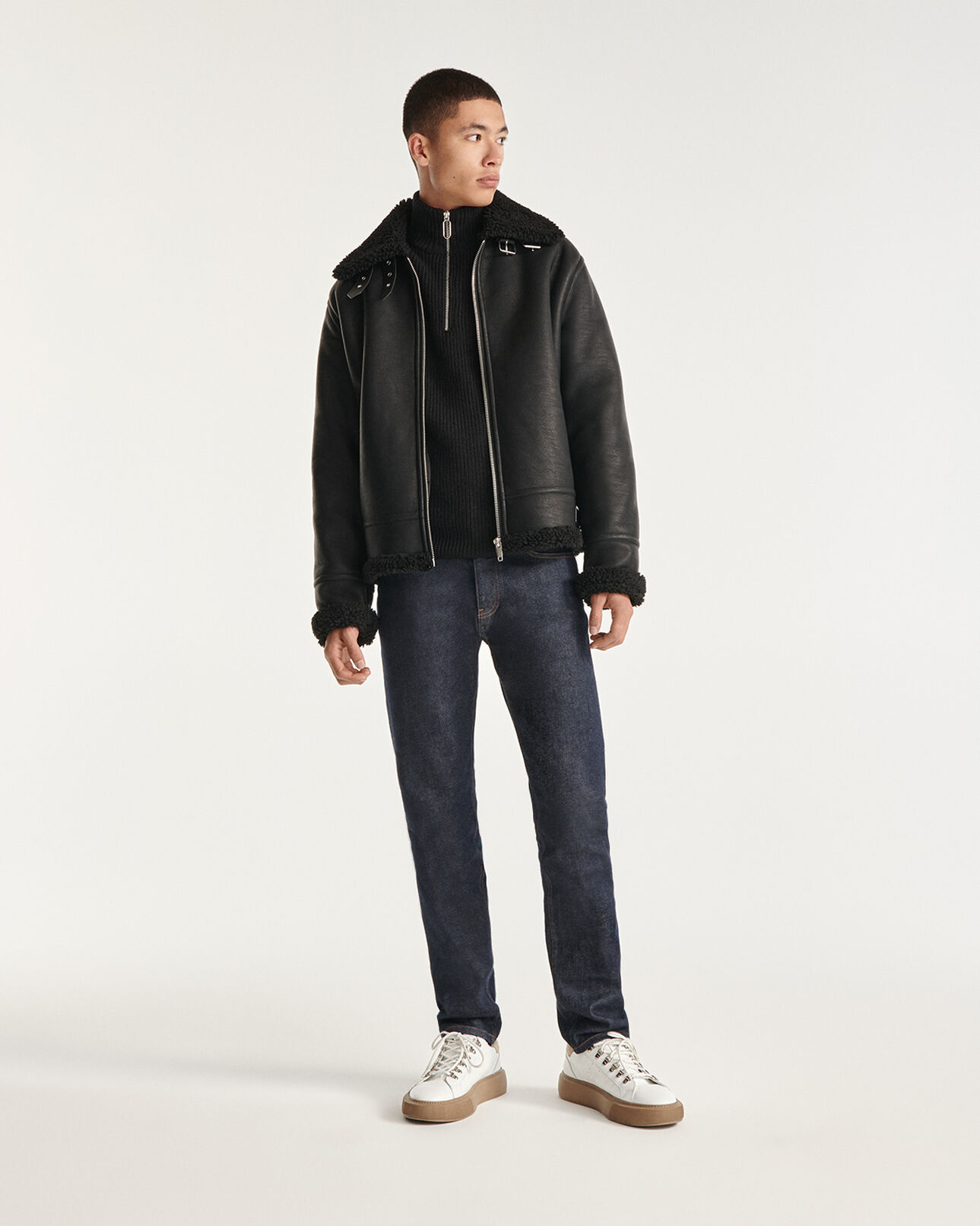 The Kooples MEN BLACK zipped black faux sheepskin jacket