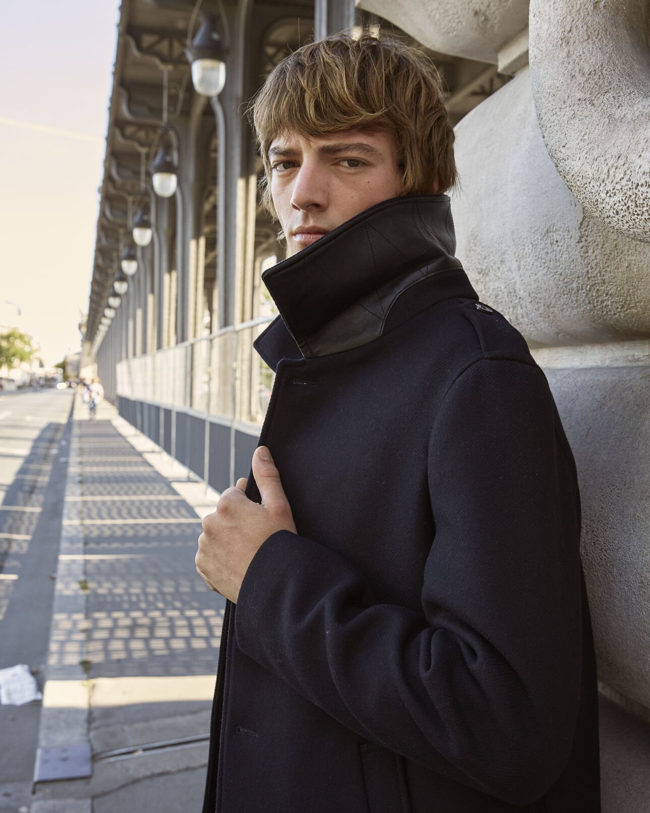 The Kooples HERREN NAVY langer blauer wollmantel mit klassischem kragen