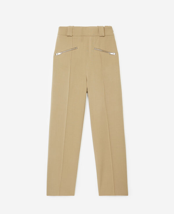 beige wool flared trousers with belt