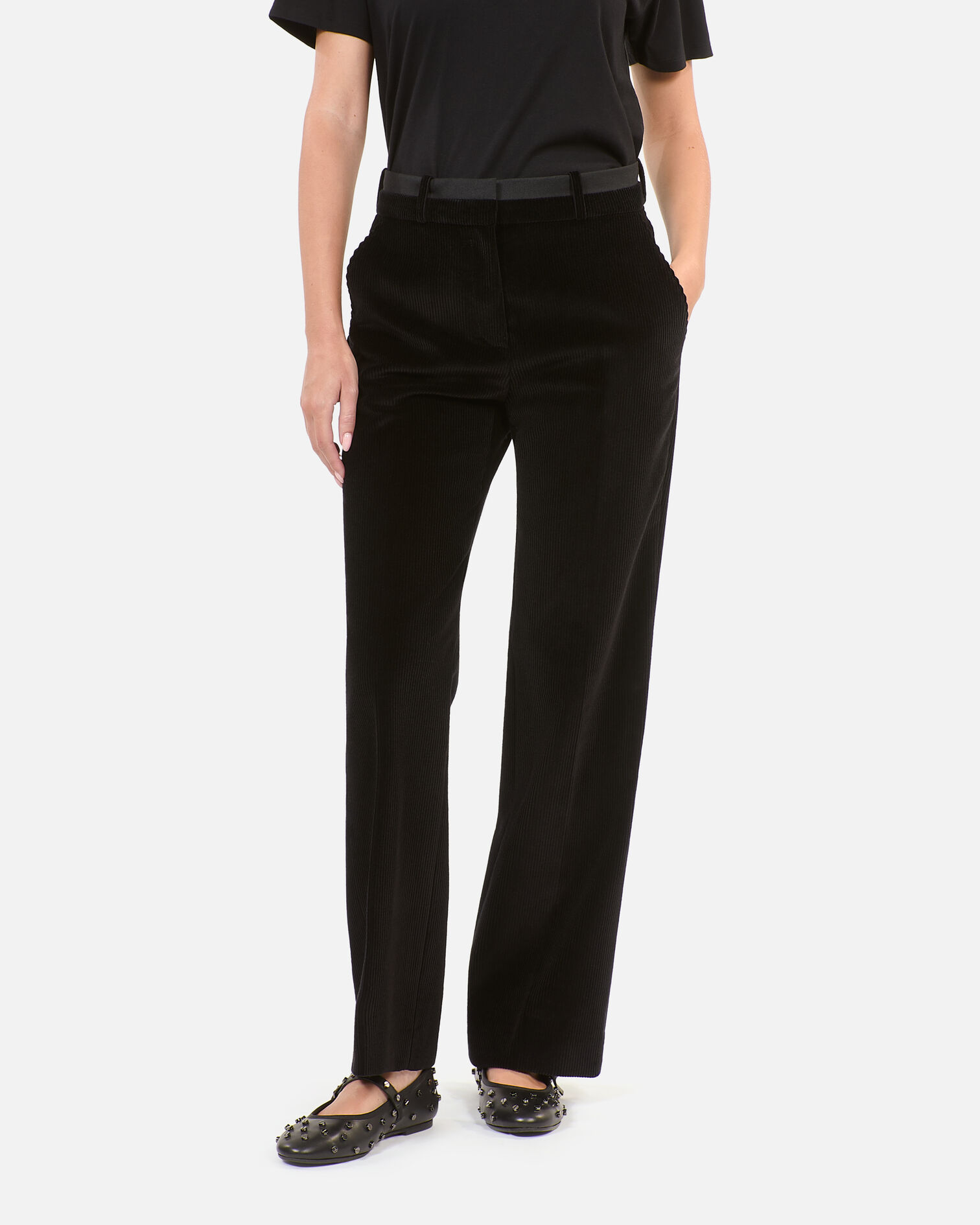 Black corduroy straight-leg tailored pants, BLACK, hi-res image number null
