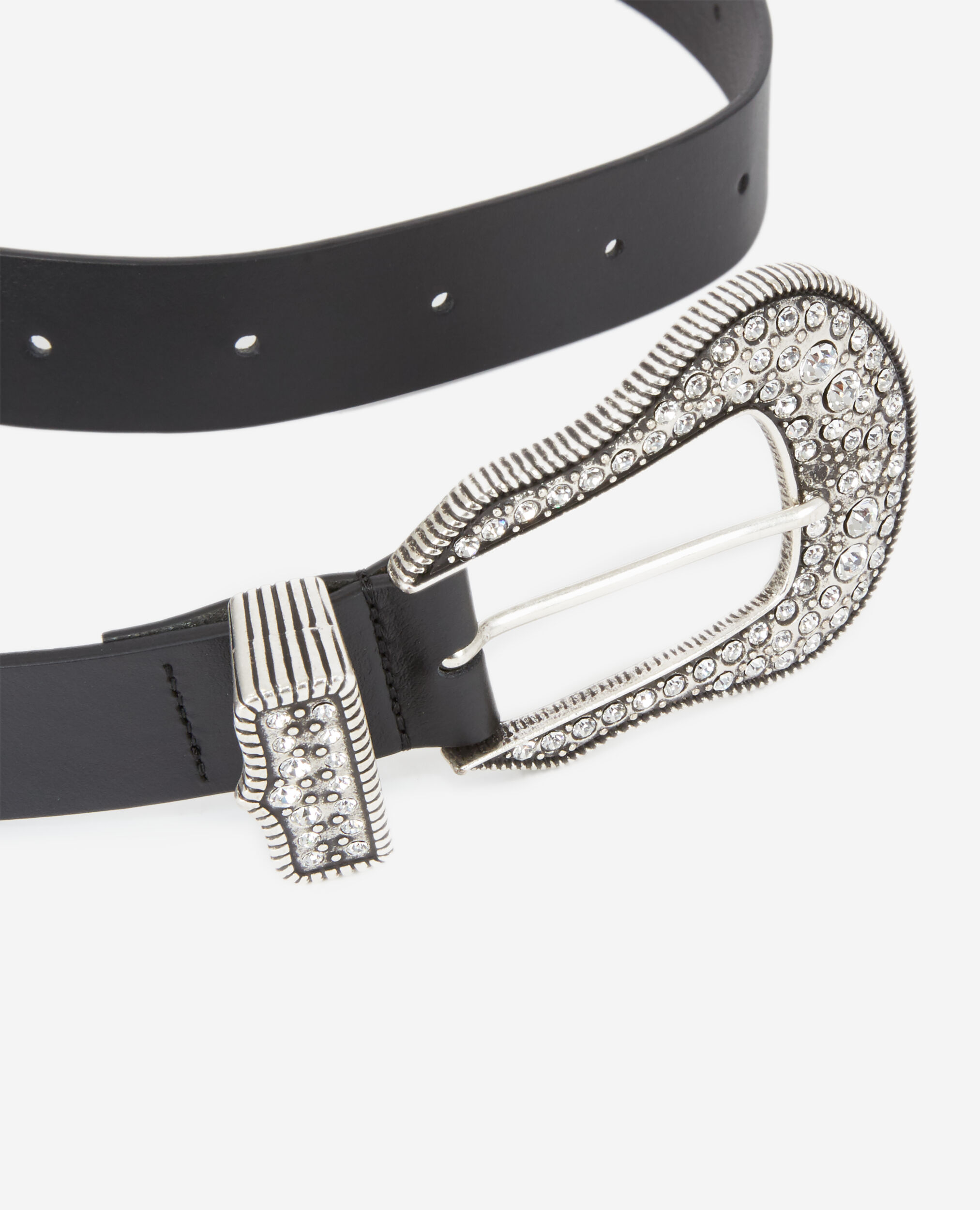 Black leather belt with silver buckle, BLACK, hi-res image number null