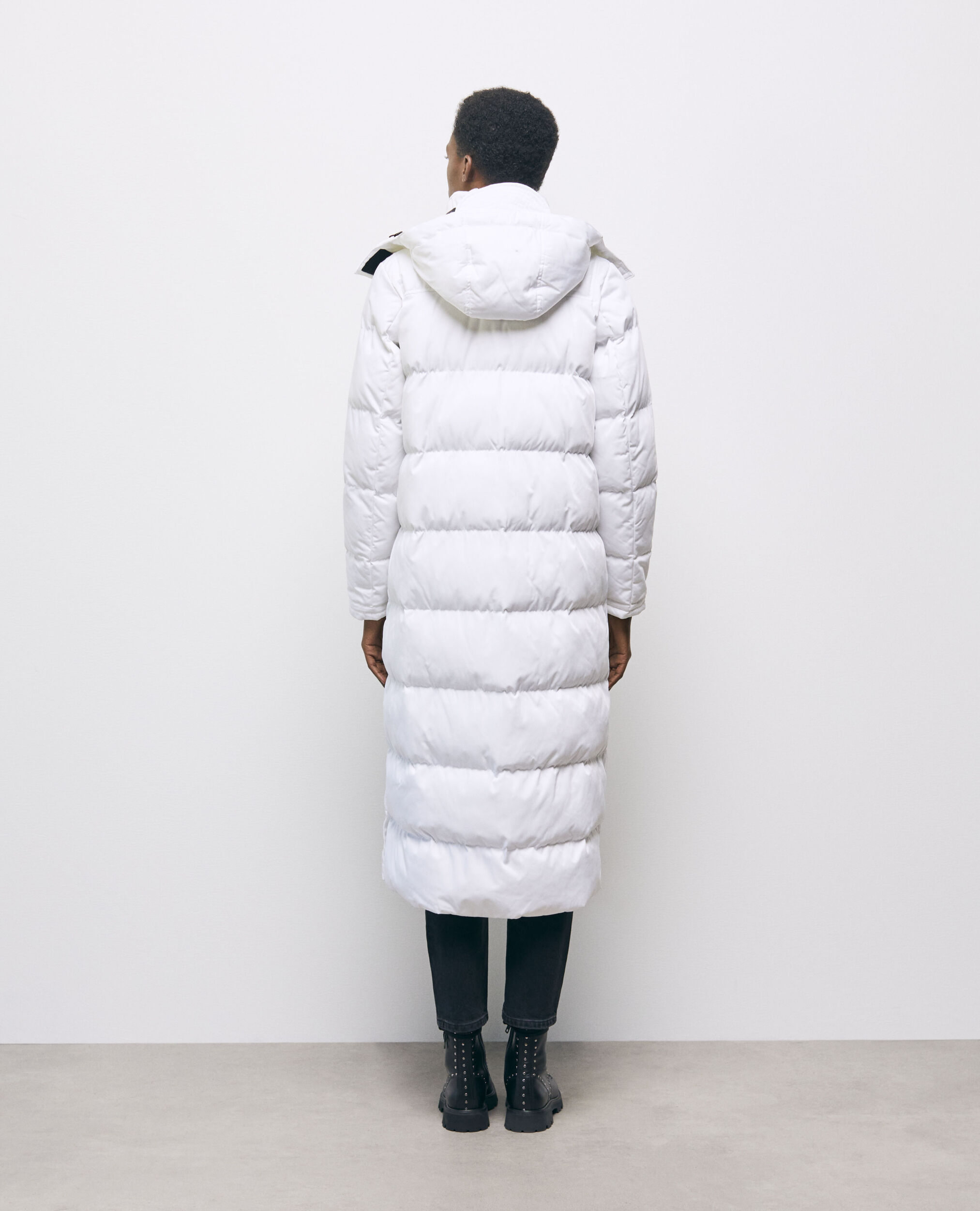 Long white down jacket with straps and logo, WHITE, hi-res image number null