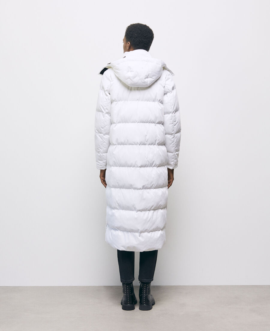 long white down jacket with straps and logo