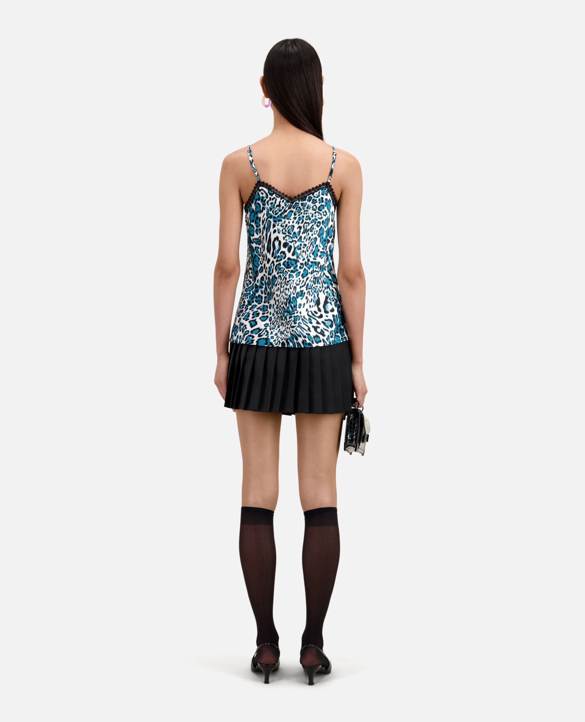 Printed silk camisole with lace details, BLUE WHITE, hi-res image number null