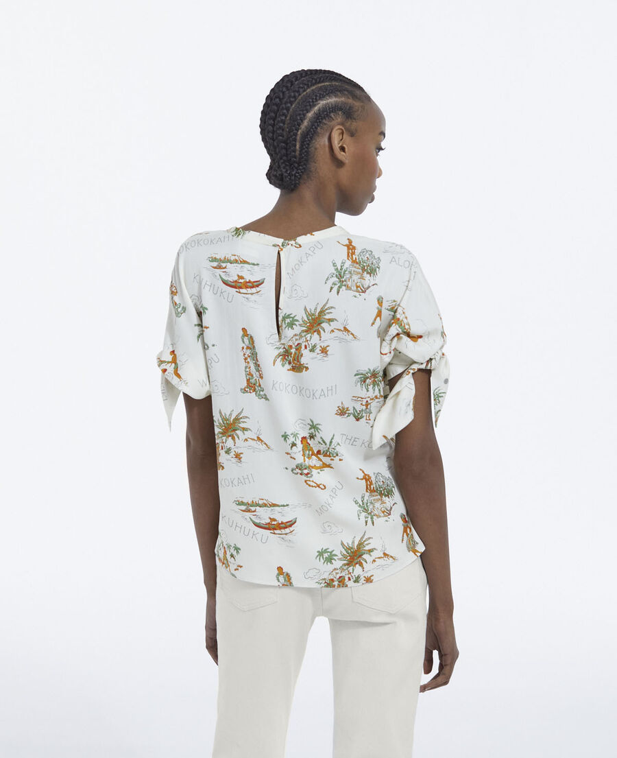 flowing printed white top with knotted details