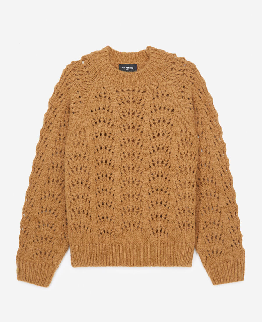 knit camel sweater with puffed sleeves