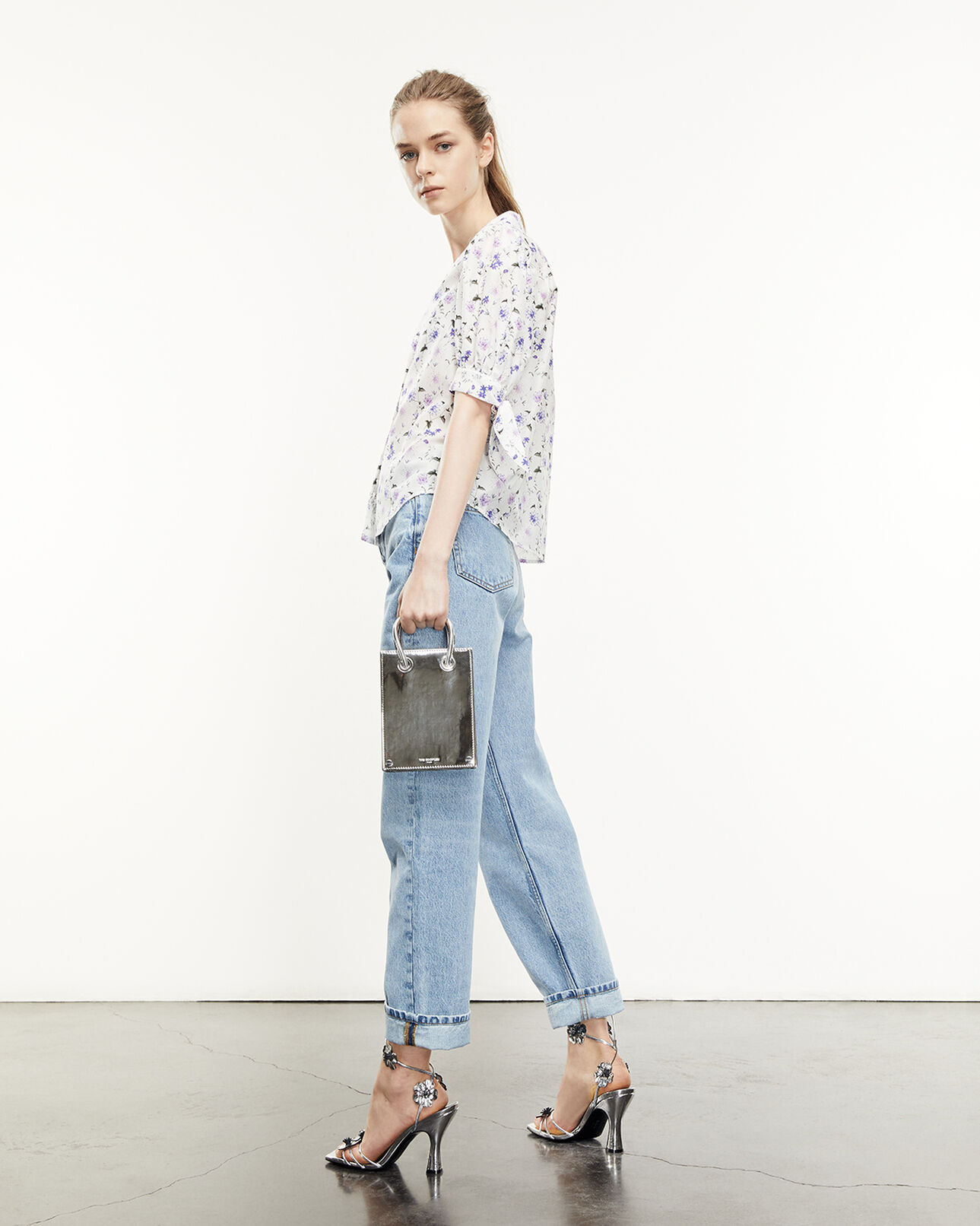 The Kooples WOMEN ECRU / LAVENDER fitted printed shirt with bow detail