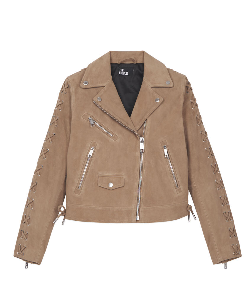 The Kooples FEMME BEIGE blouson biker en cuir suède beige