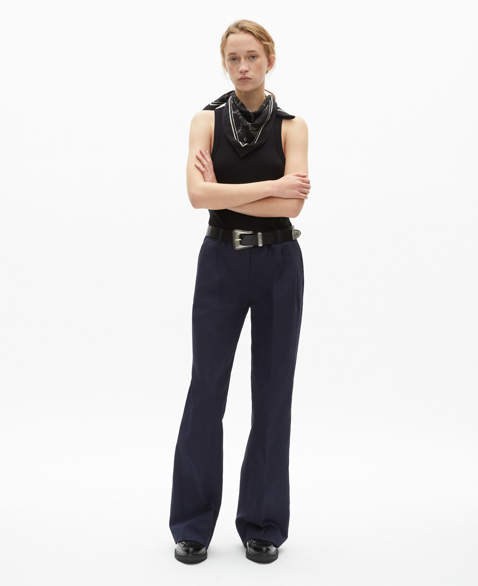 The Kooples WOMEN NAVY straight-cut navy blue cotton and linen flared pants