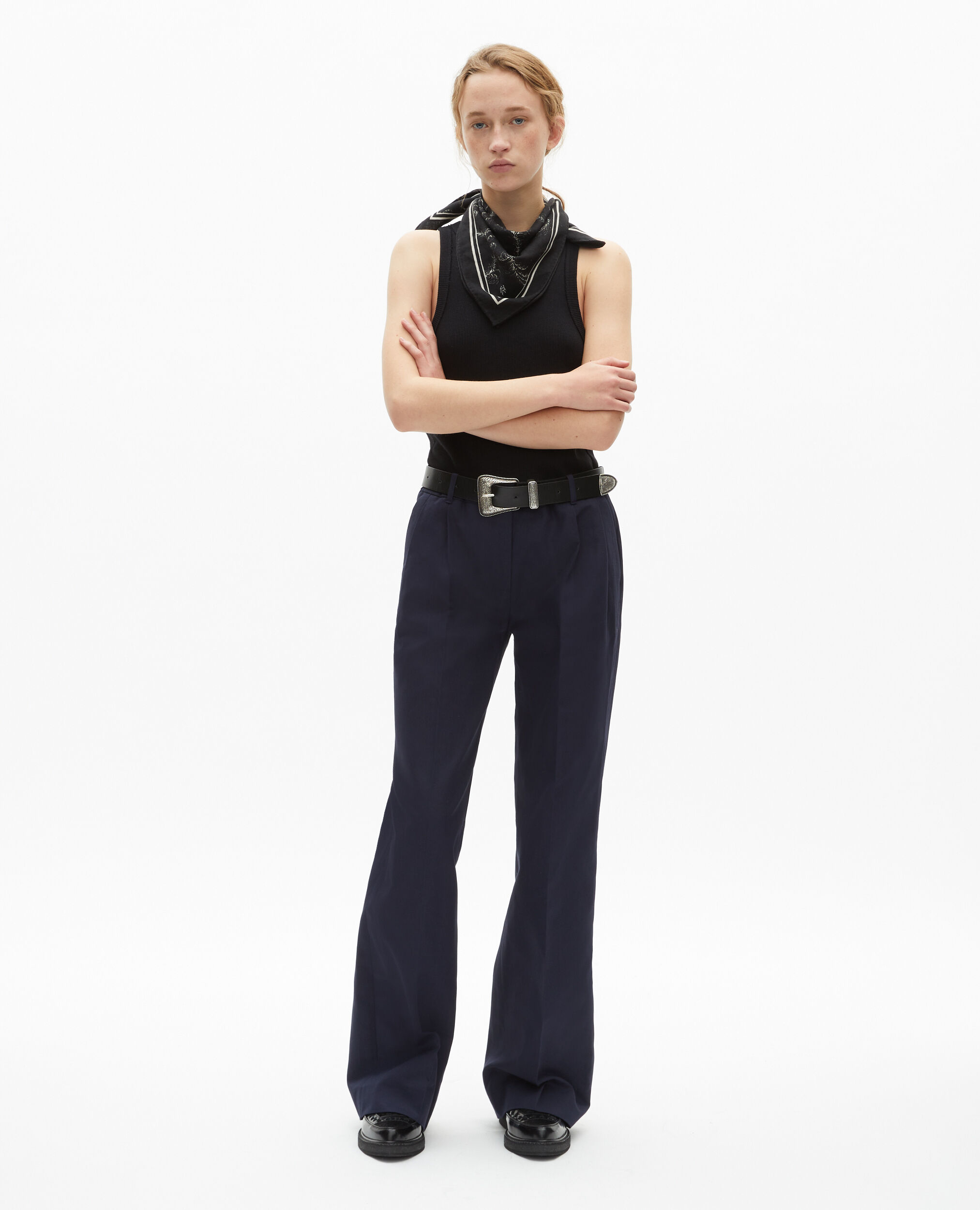 Straight-cut navy blue cotton and linen flared pants, NAVY, hi-res image number null