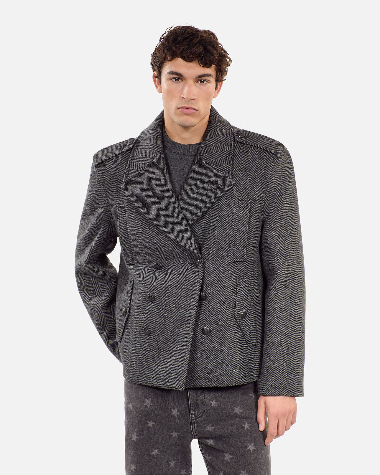 The Kooples MEN BLACK GREY black herringbone wool blend pea coat