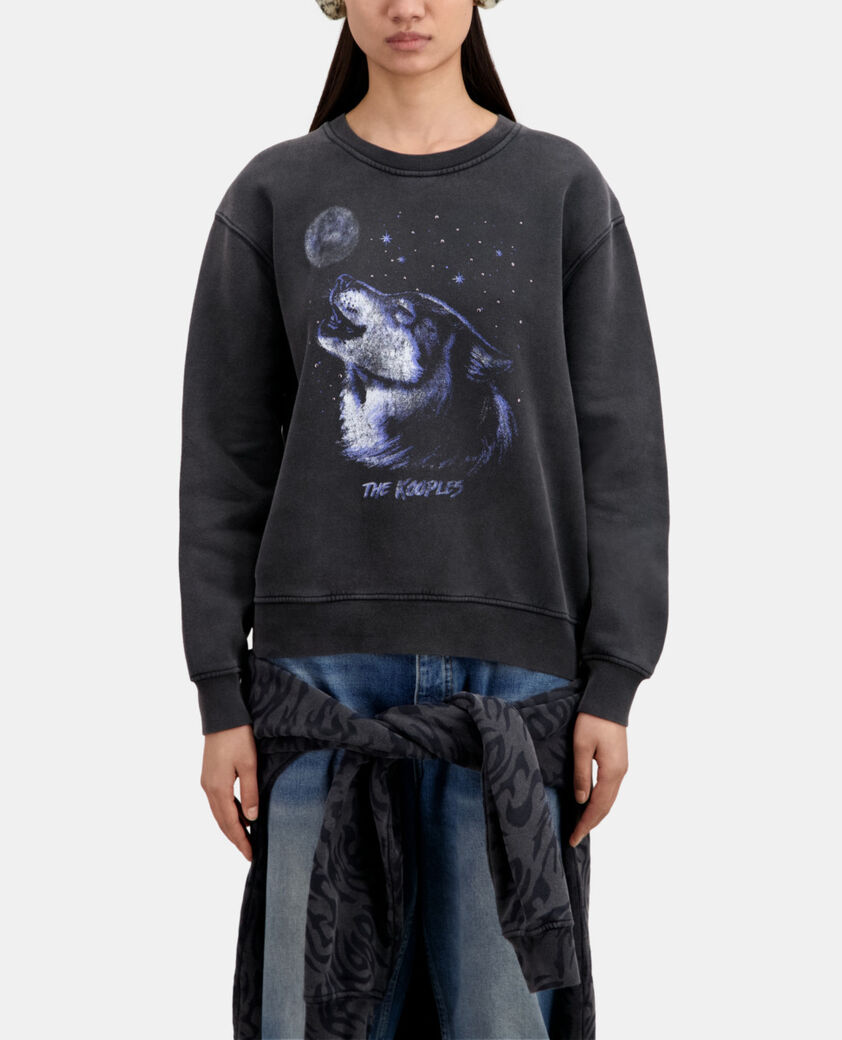 The Kooples FEMME BLACK WASHED sweatshirt femme noir avec sérigraphie wolf