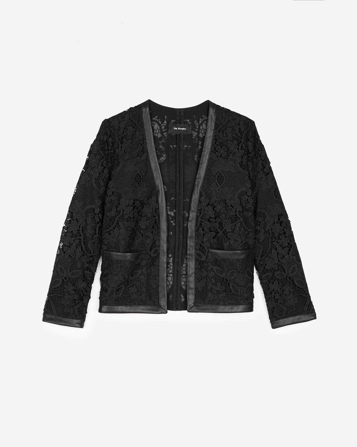 Veste courte en dentelle détails cuir, BLACK, hi-res image number null