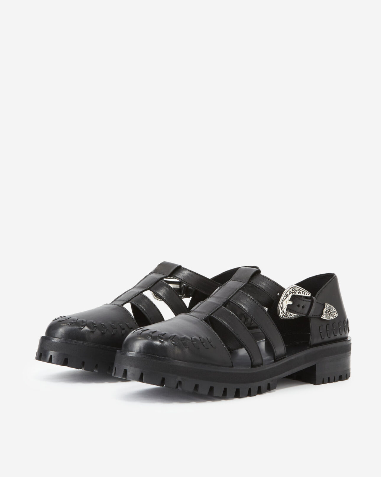 The Kooples FEMME BLACK sandales plates noires cuir lisse western
