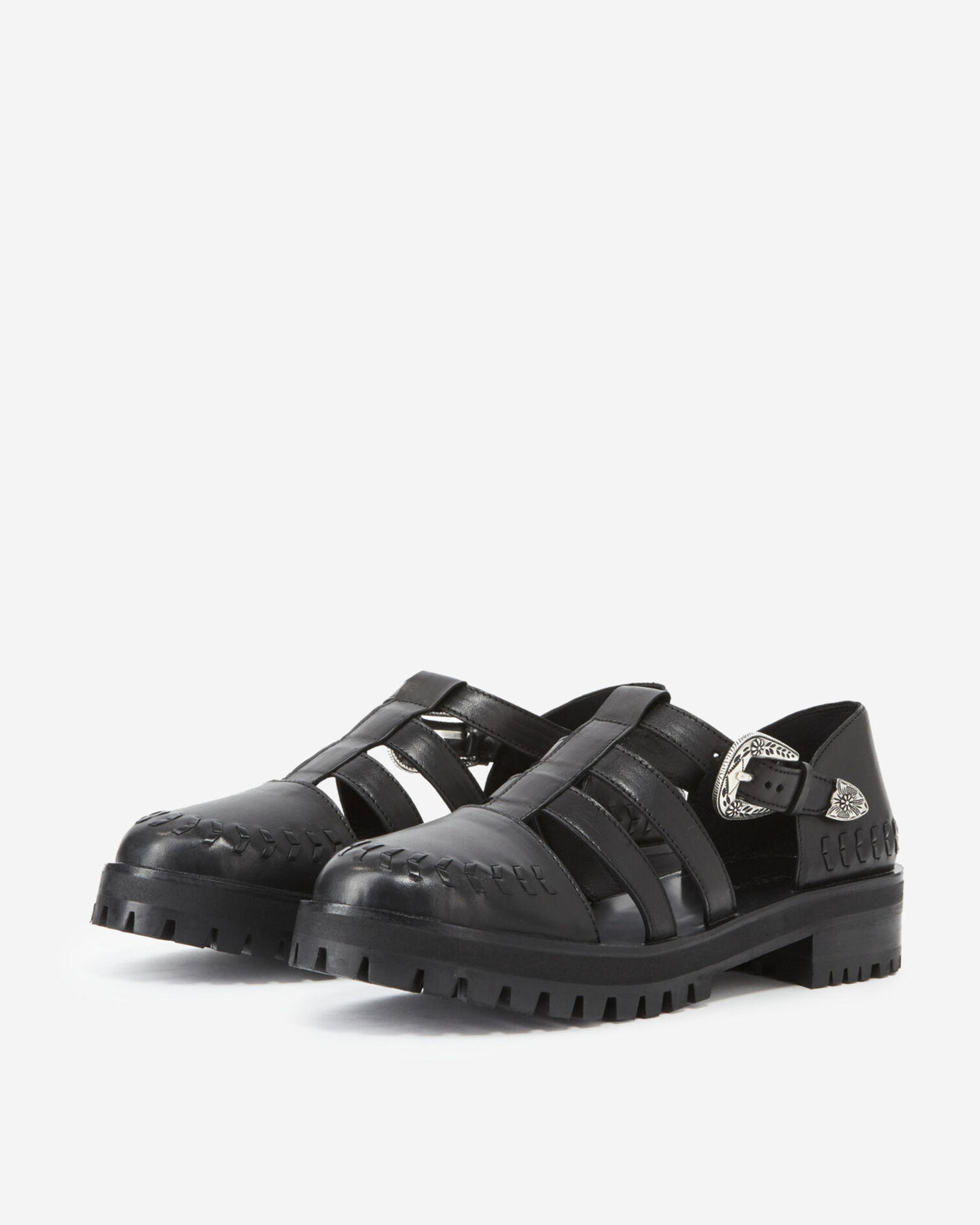Sandales plates noires cuir lisse western, BLACK, hi-res image number null
