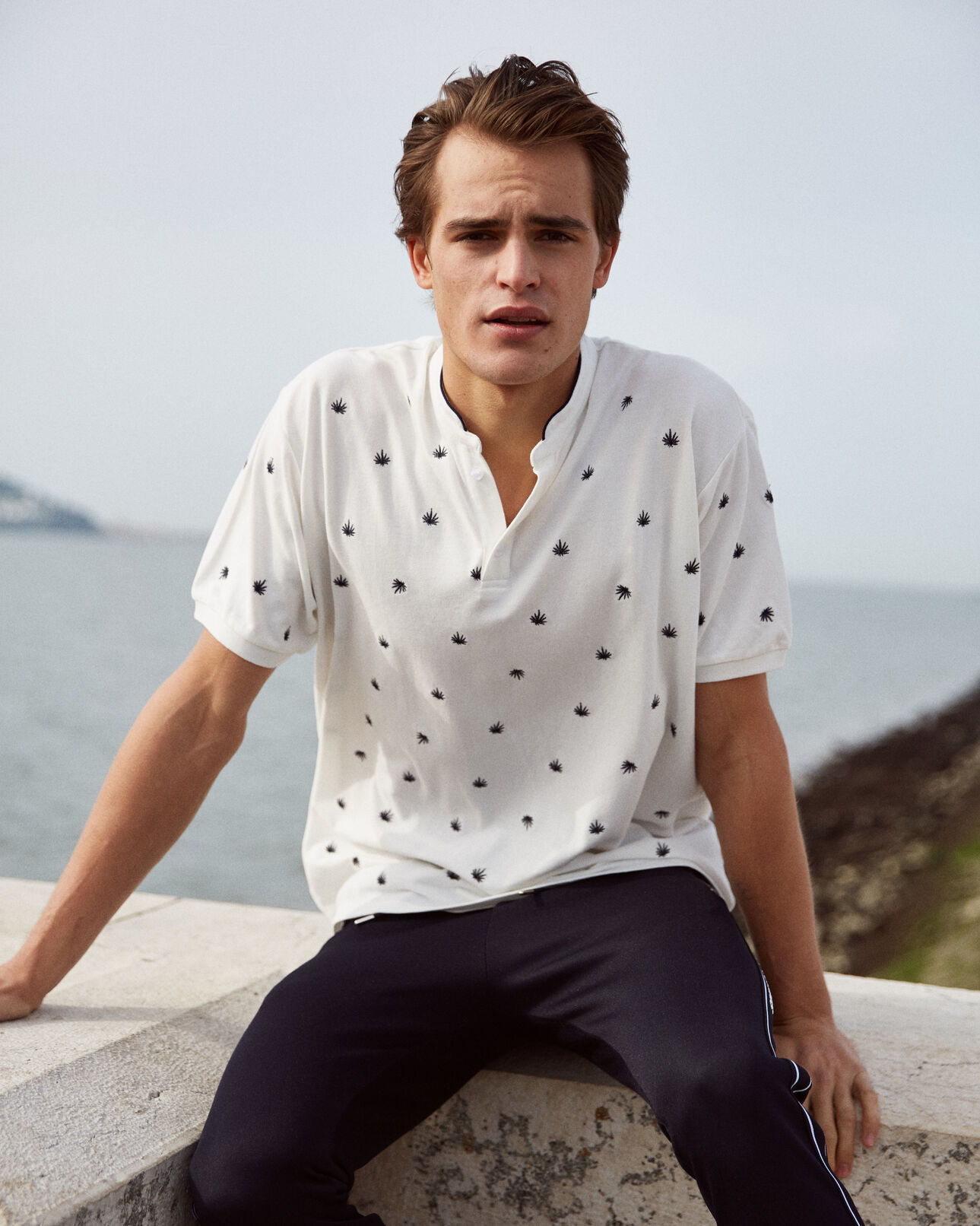 The Kooples HOMME WHITE polo coton blanc dahlias brodés