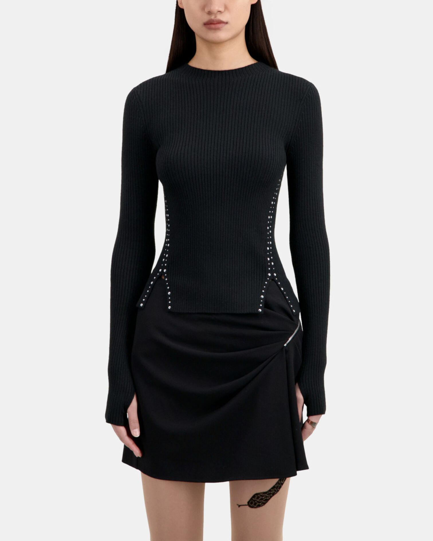 Black knit sweater with studs, BLACK, hi-res image number null