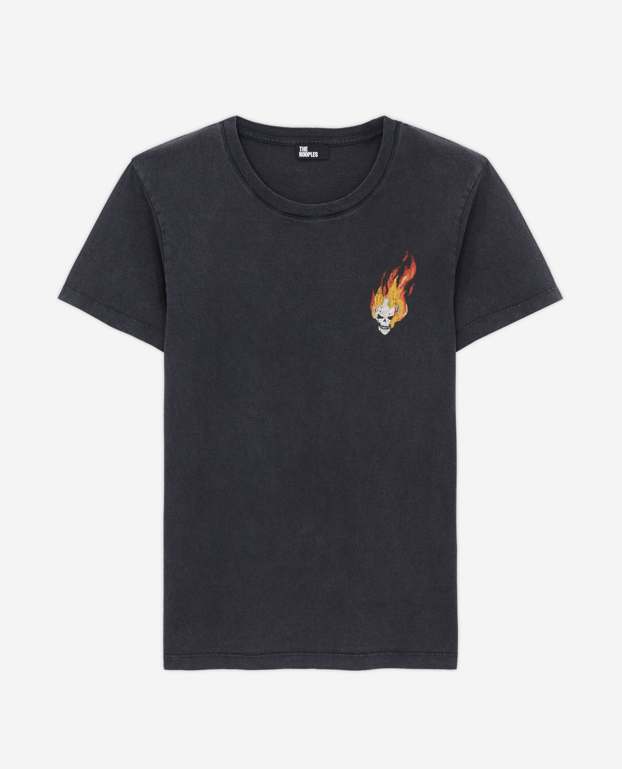 Women's black t-shirt with skull on fire print, BLACK WASHED, hi-res image number null