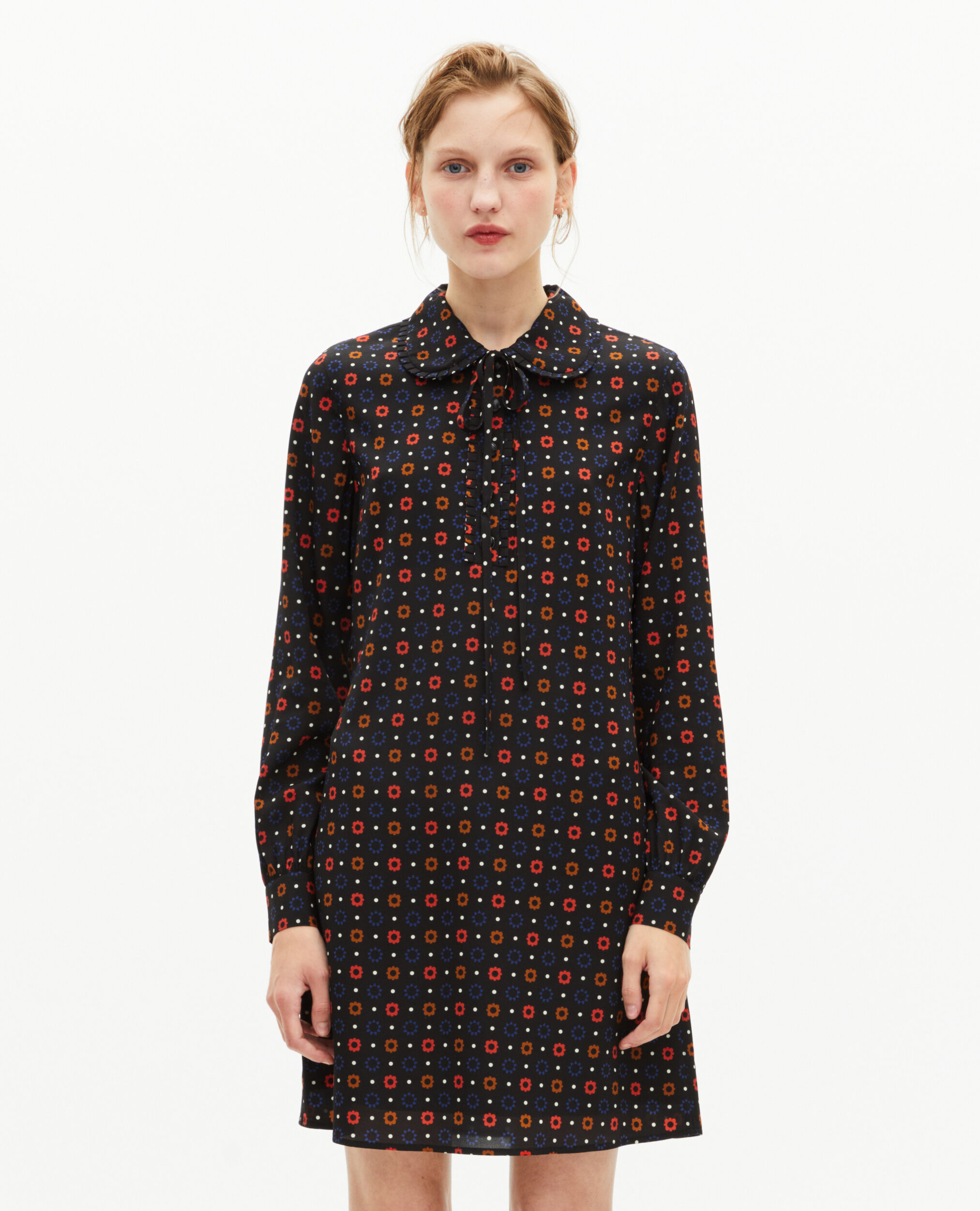 Robe courte en imprimé en soie mélangée noire, BLACK MELANGE, hi-res image number null