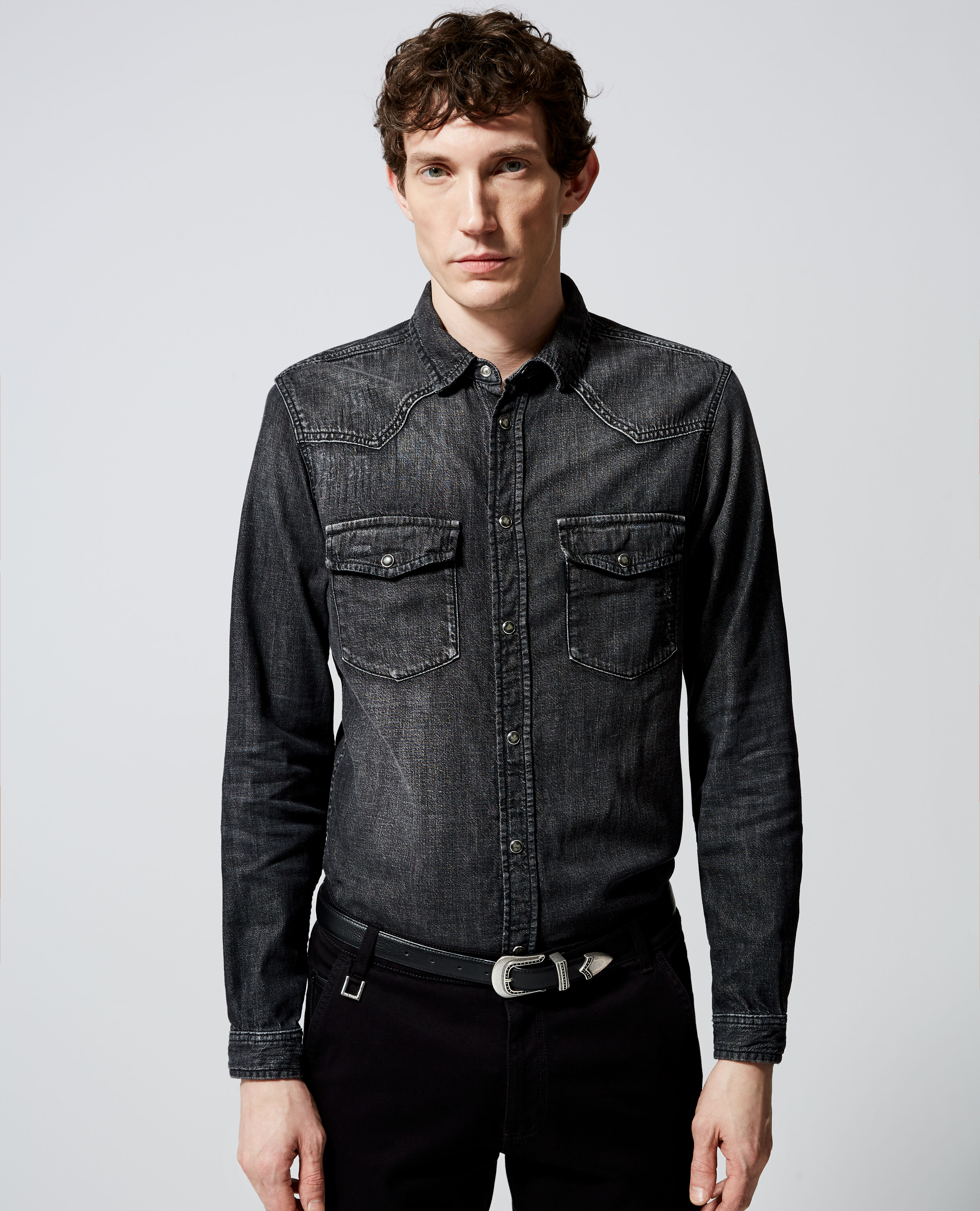 Black denim top shirt mens