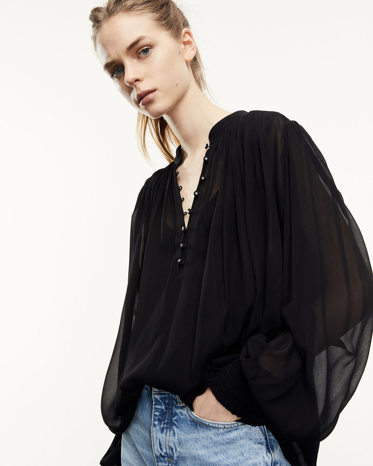 The Kooples FEMME BLACK top fluide noir semi-transparent