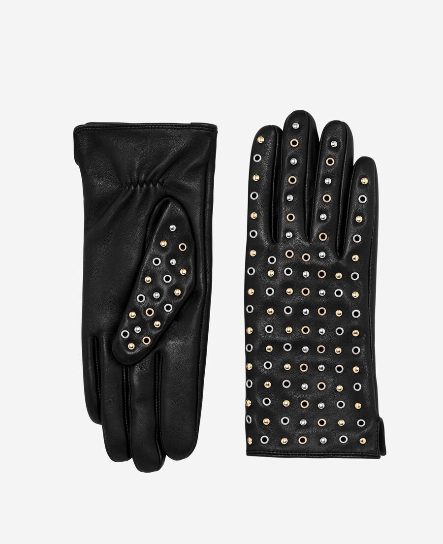 The Kooples WOMEN BLACK leather gloves with black studs and eyelets