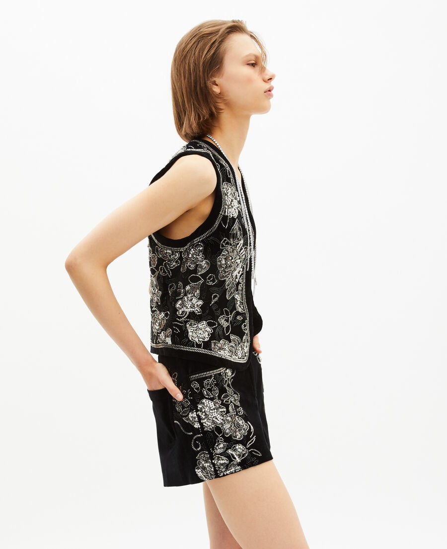 The Kooples F BLACK-ANTIC SILVER black embroidered velvet vest