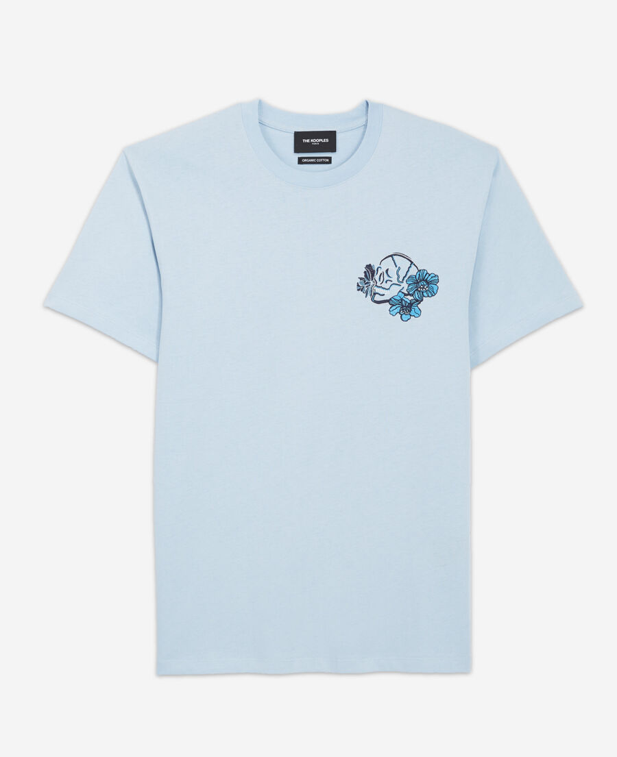 blue printed t-shirt with skull and flowers