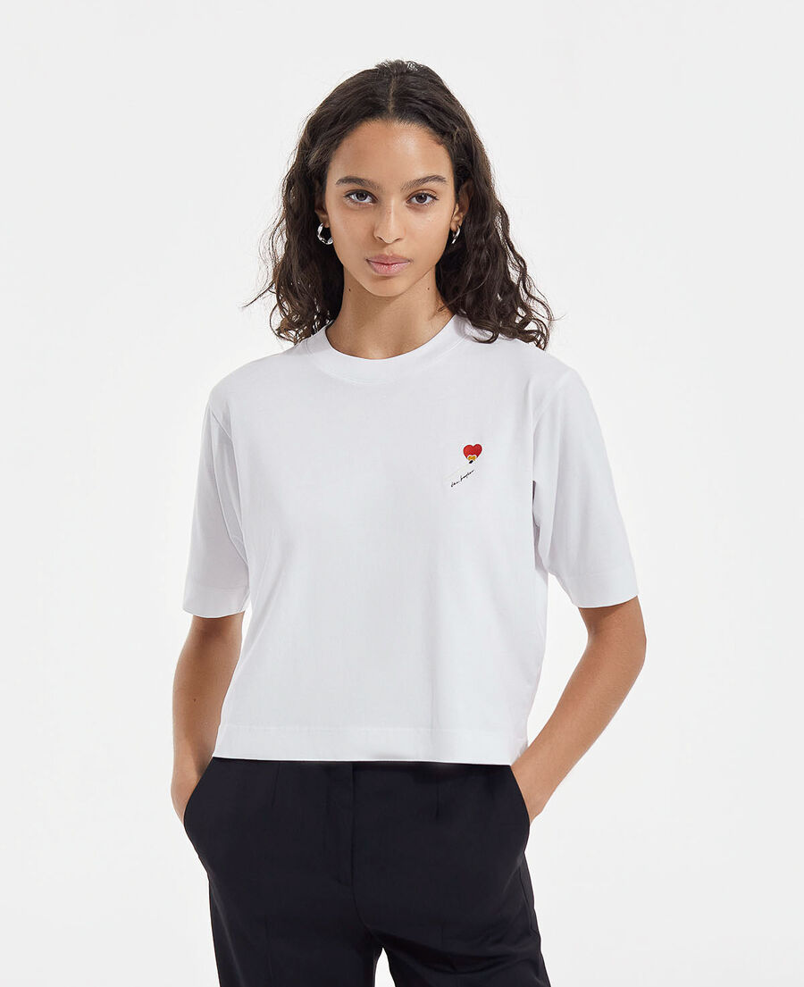white cotton t-shirt w/ matchstick embroidery